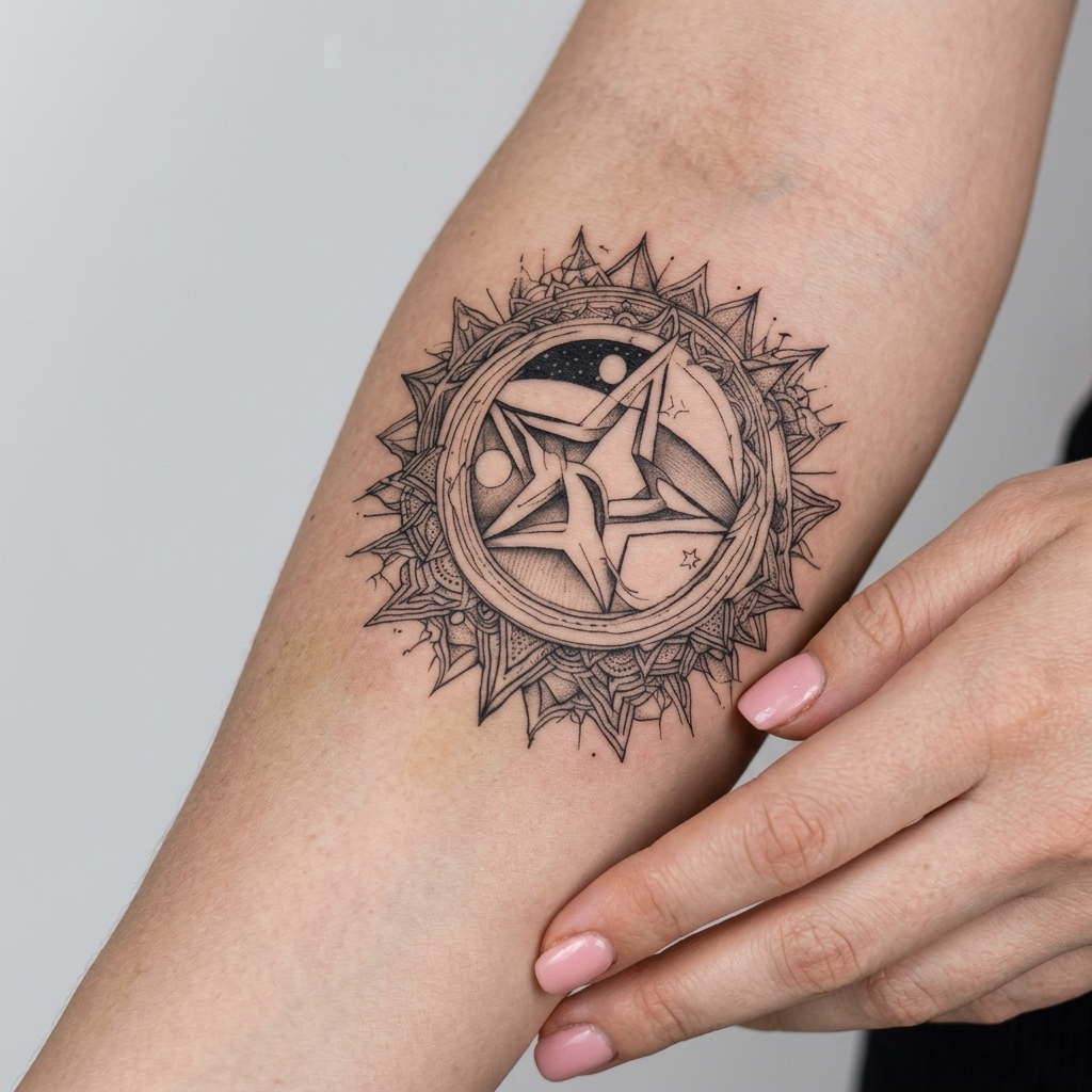 realistic tattoo applied to the skin, blend the tattoo naturally into the body with matching lighting, shadows and skin texture, photorealistic